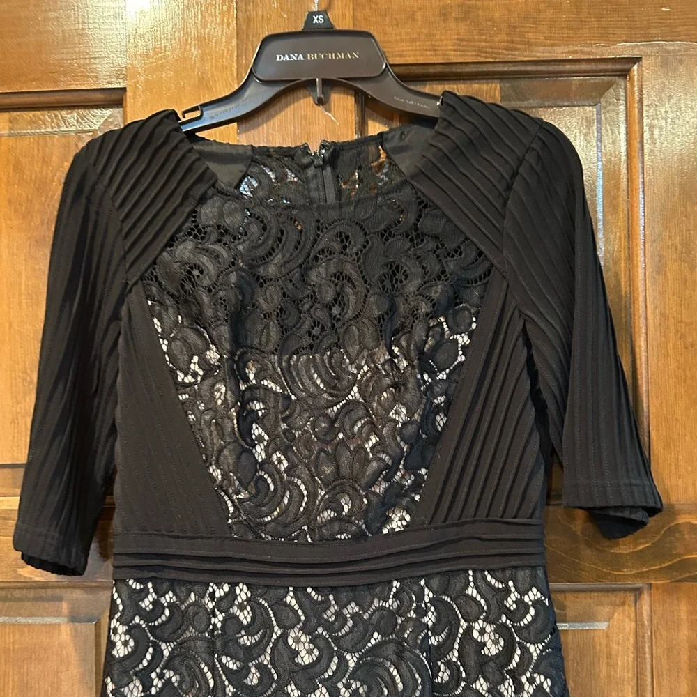 Adrianna Papell Black Lace Inset Banded Sheath Dress Size 8 Pleated Sleeve Party